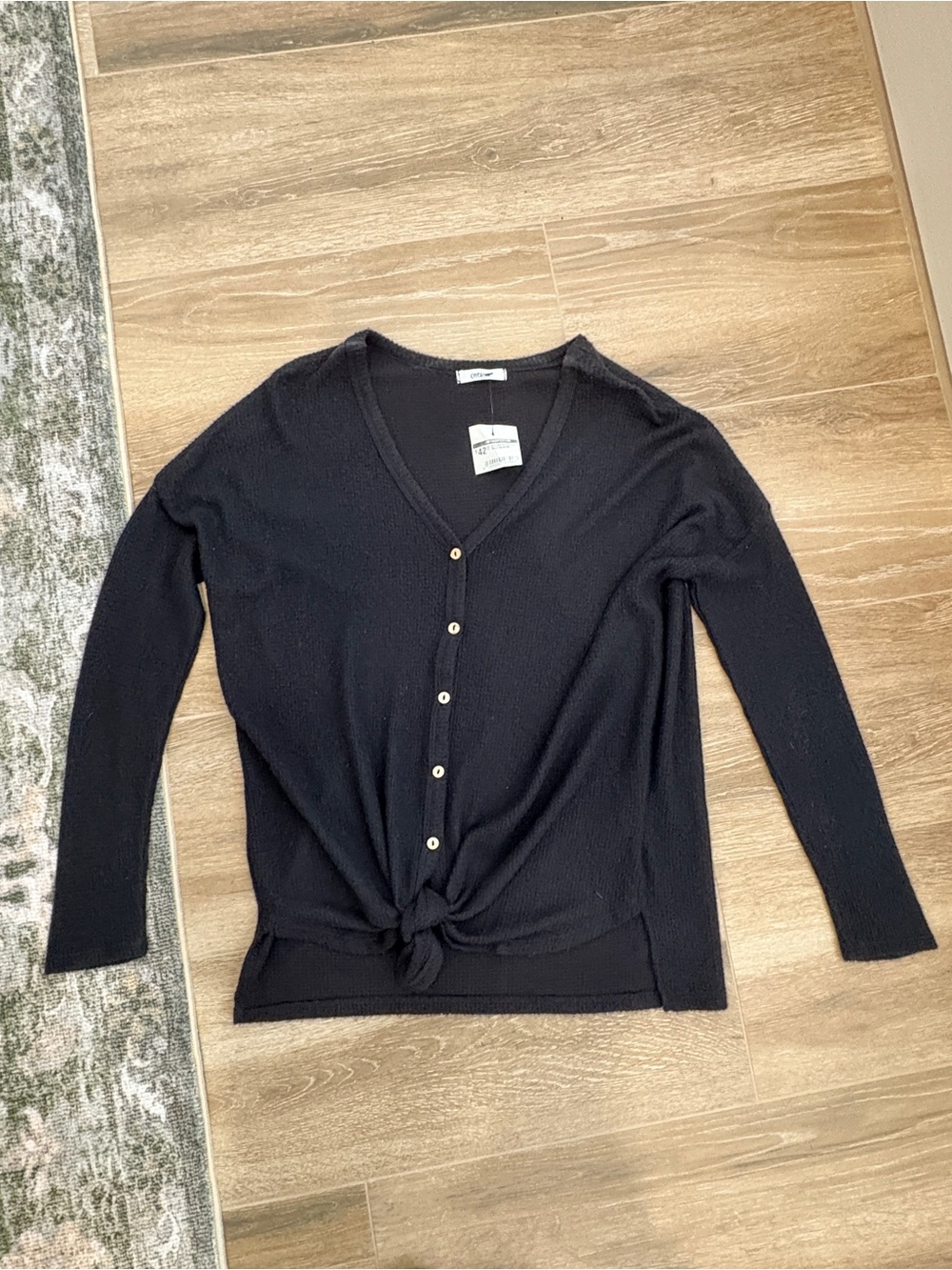 Cherish Black V-Neck Button Front Tie Hem Top